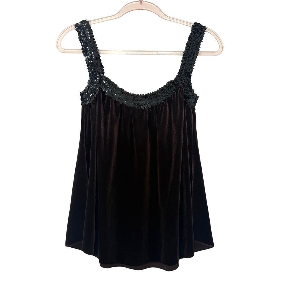 Brown Velvet Sequin Neckline Babydoll Party Top Vintage Inspired Y2K Size Large